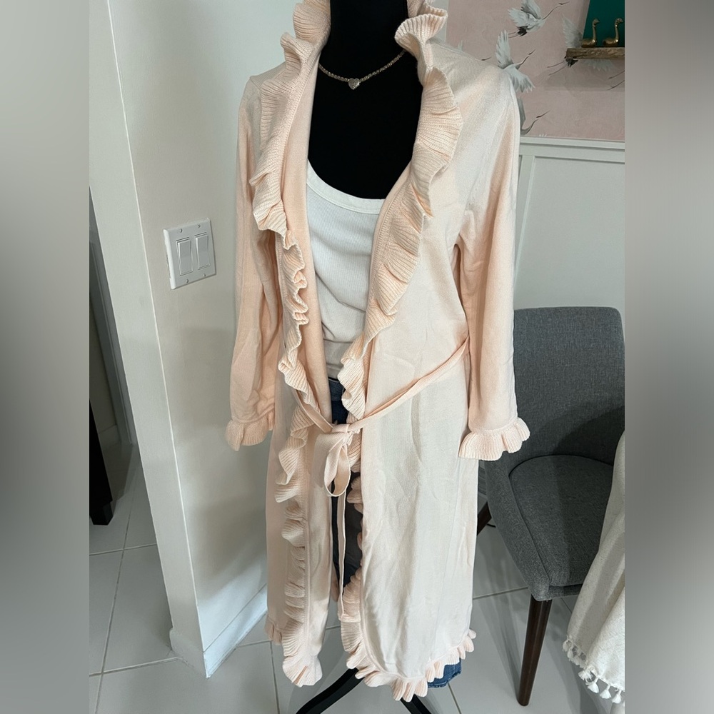 NORM THOMPSON Pink/peach ROBE LADIES WOMENS M Or Long Cardigan Ruffle Detail